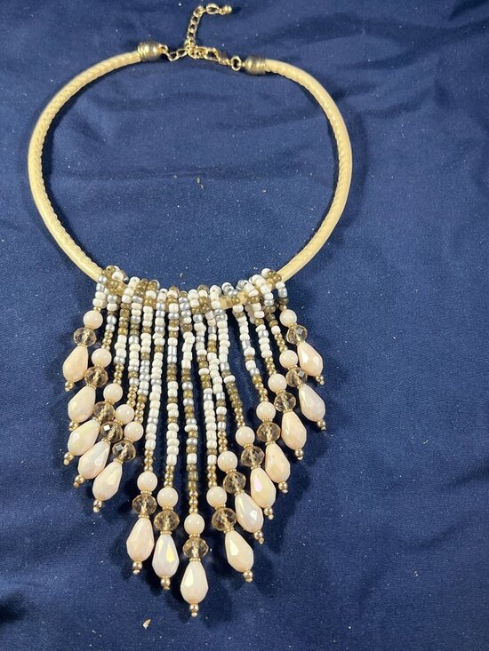 Jewelry - Beaded Fringe Statement Necklace With Pearly White & Champagne Gold Accents On A